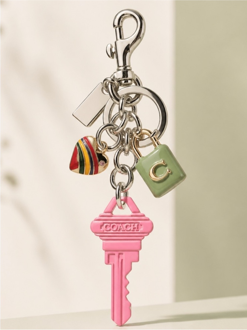 Coach Pink Key Charm with Multicolor Heart and Sage Green 'C' Charm